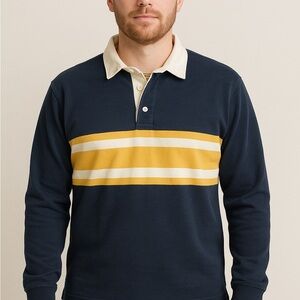 Y2K L.L. Bean Rugby Shirt Men’s L Navy Yellow Striped Long Sleeve Polo Preppy
